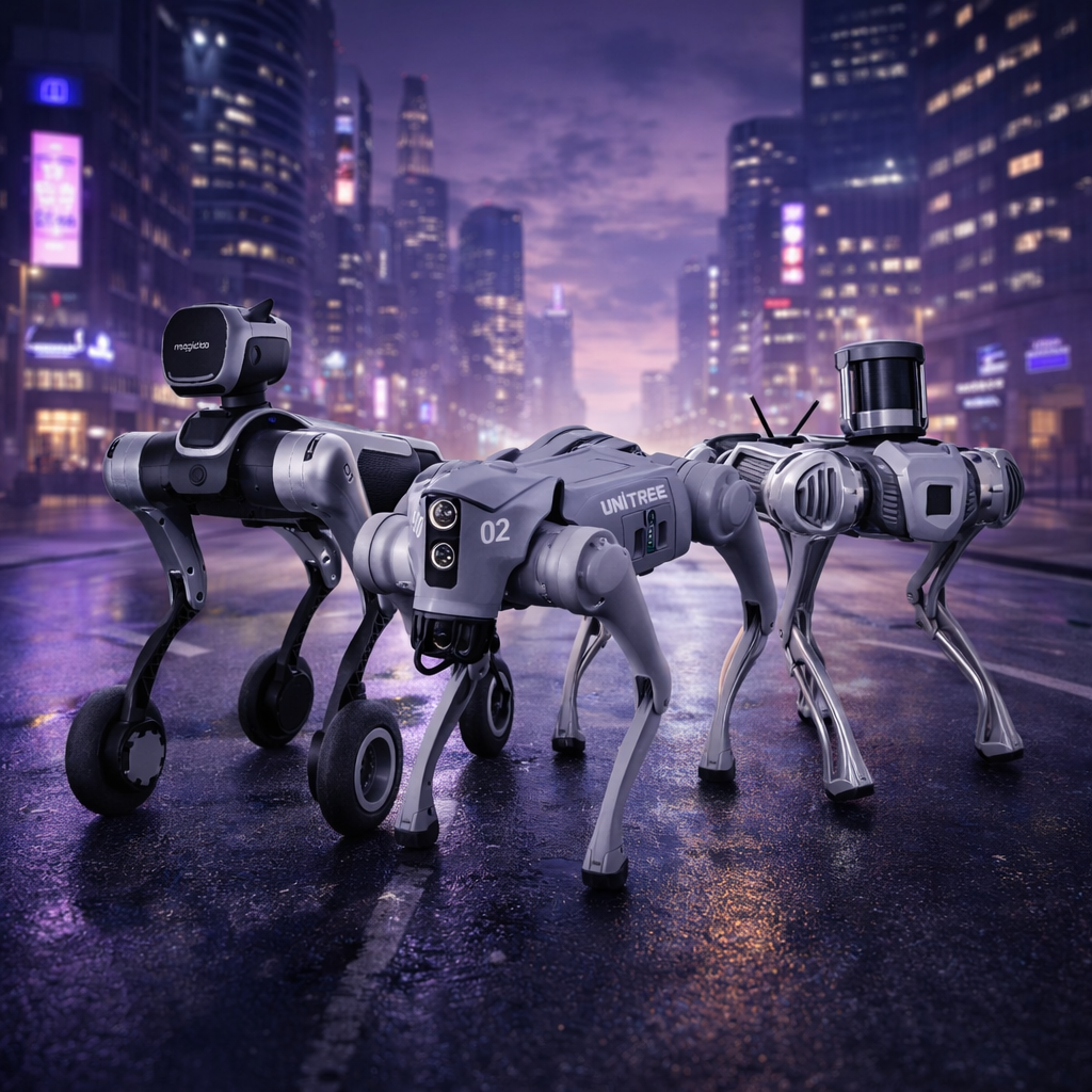 Quadruped robots, robots with wheels, robot dogs.