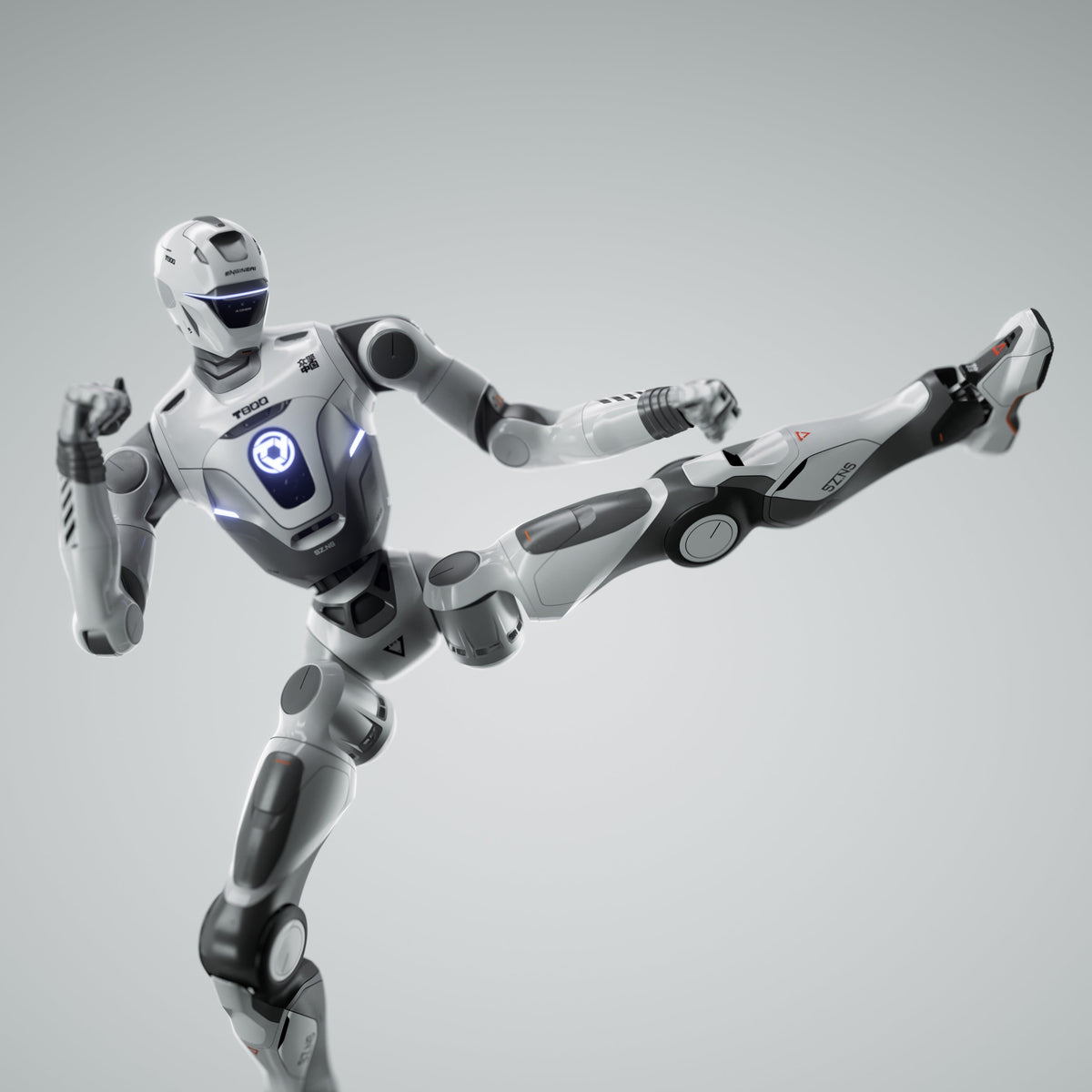 EngineAI T800 Pro Edition humanoid robot performing a flying kick