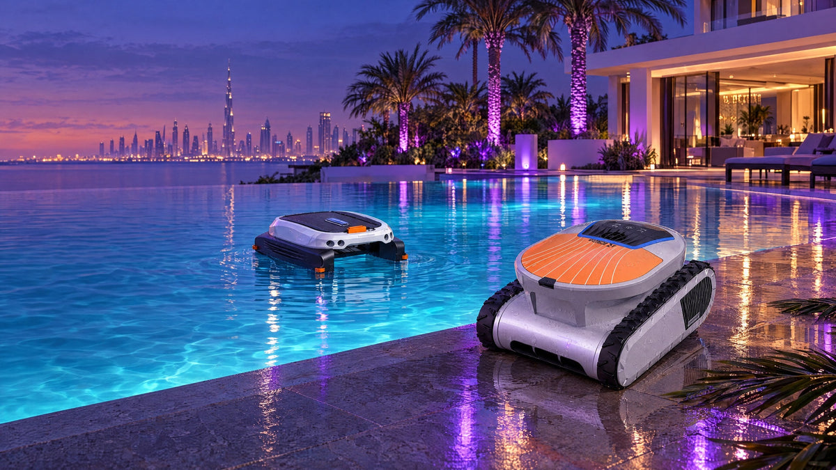 Robotic pool cleaner and pool skimmer at a Dubai villa pool at dusk